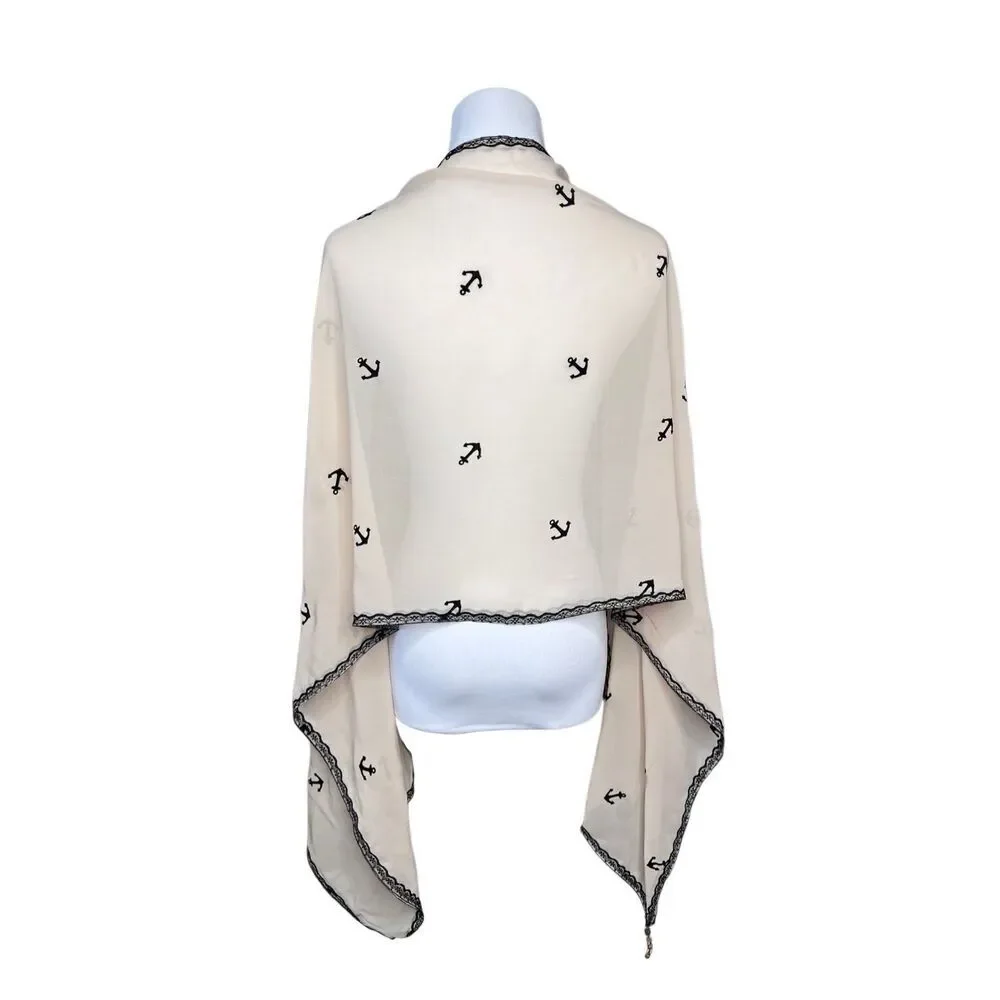 Linear Scarf Anchor Nautical Wrap Shawl Cream Lace‎ Black Gold Charm 69